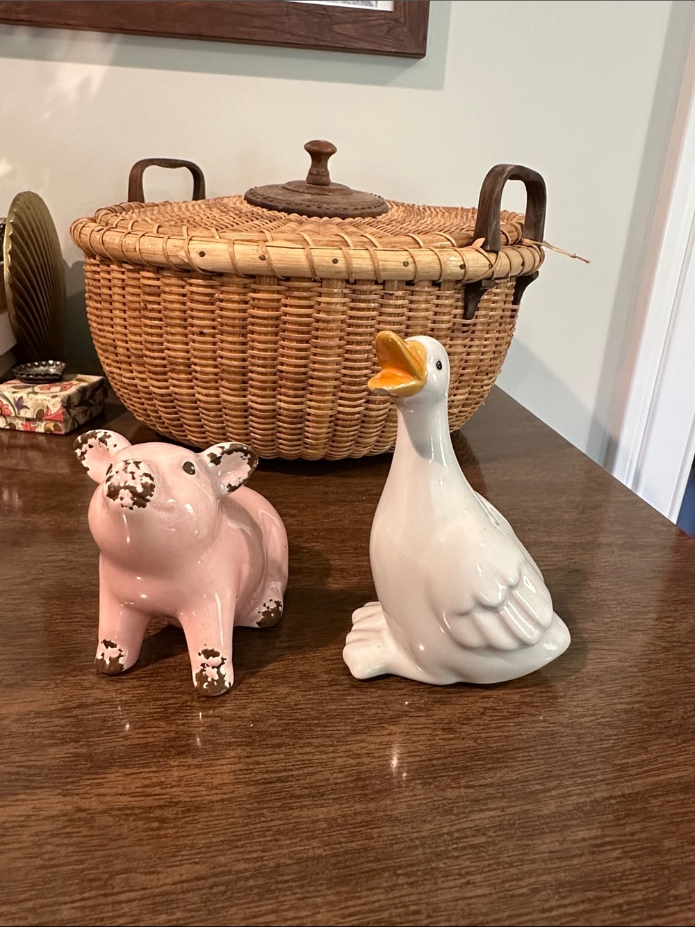 Pair of Ceramic Farm Animal Figurines - Pink Pig & White Goose